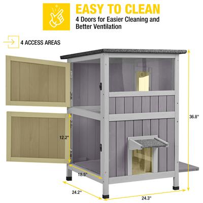 Show full view: Aivituvin AIR14-1 Two Tier Wooden Cat House with Waterproof Roof & Door Flaps, Grey, Small slide 6 of 11