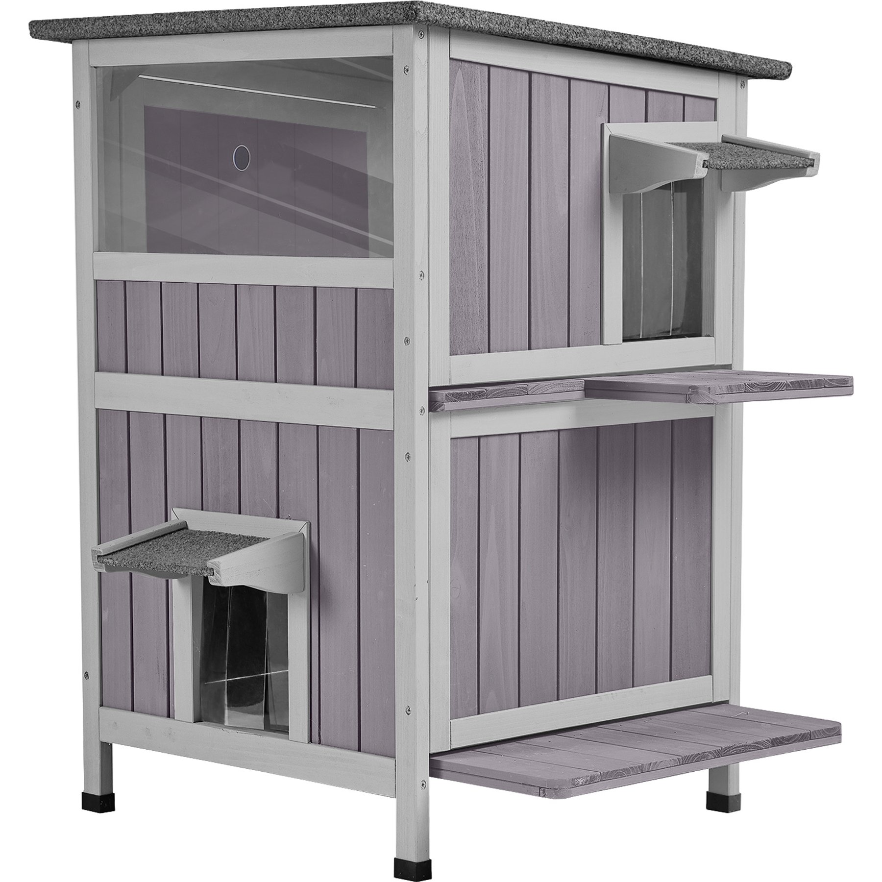 Aivituvin AIR14-1 Two Tier Wooden Cat House with Waterproof Roof & Door Flaps, Grey, Small