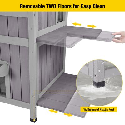 Show full view: Aivituvin AIR14-1 Two Tier Wooden Cat House with Waterproof Roof & Door Flaps, Grey, Small slide 3 of 11