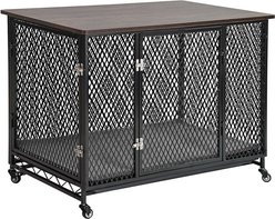 Aivituvin Side End Table Furniture Style Dog Crate with Tray, Cushion & Casters, Coffee, Large