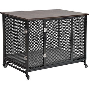 Aivituvin Side End Table Furniture Style Dog Crate with Tray, Cushion & Casters, Coffee, Large