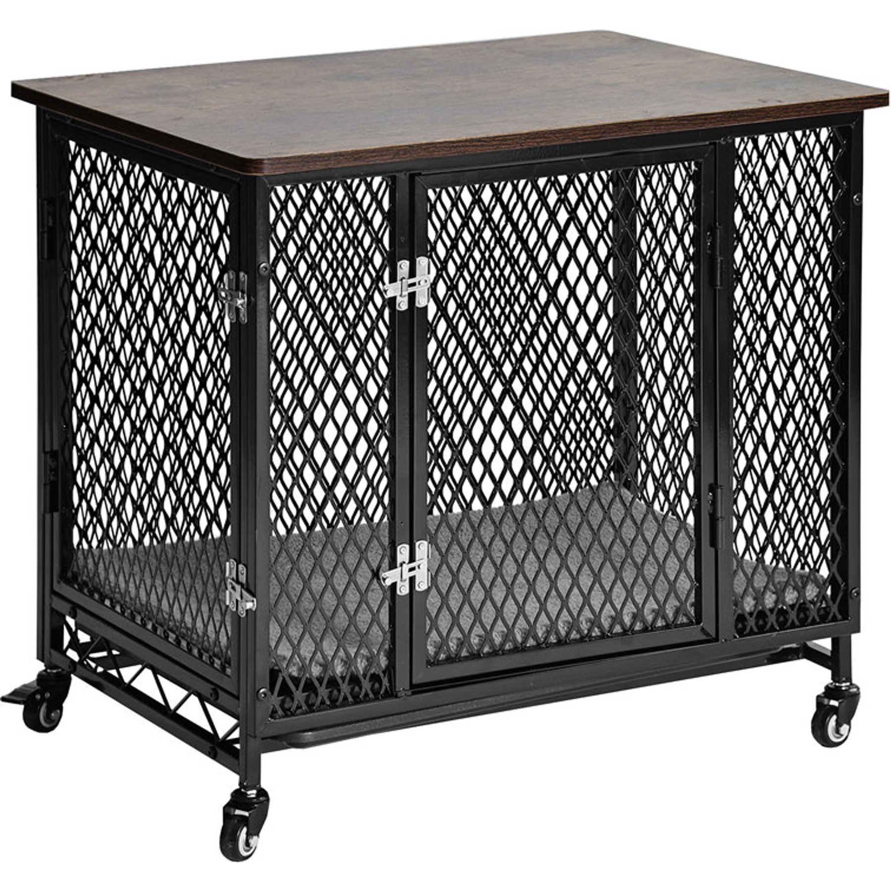 Aivituvin Side End Table Furniture Style Dog Crate with Tray, Cushion & Casters, Medium