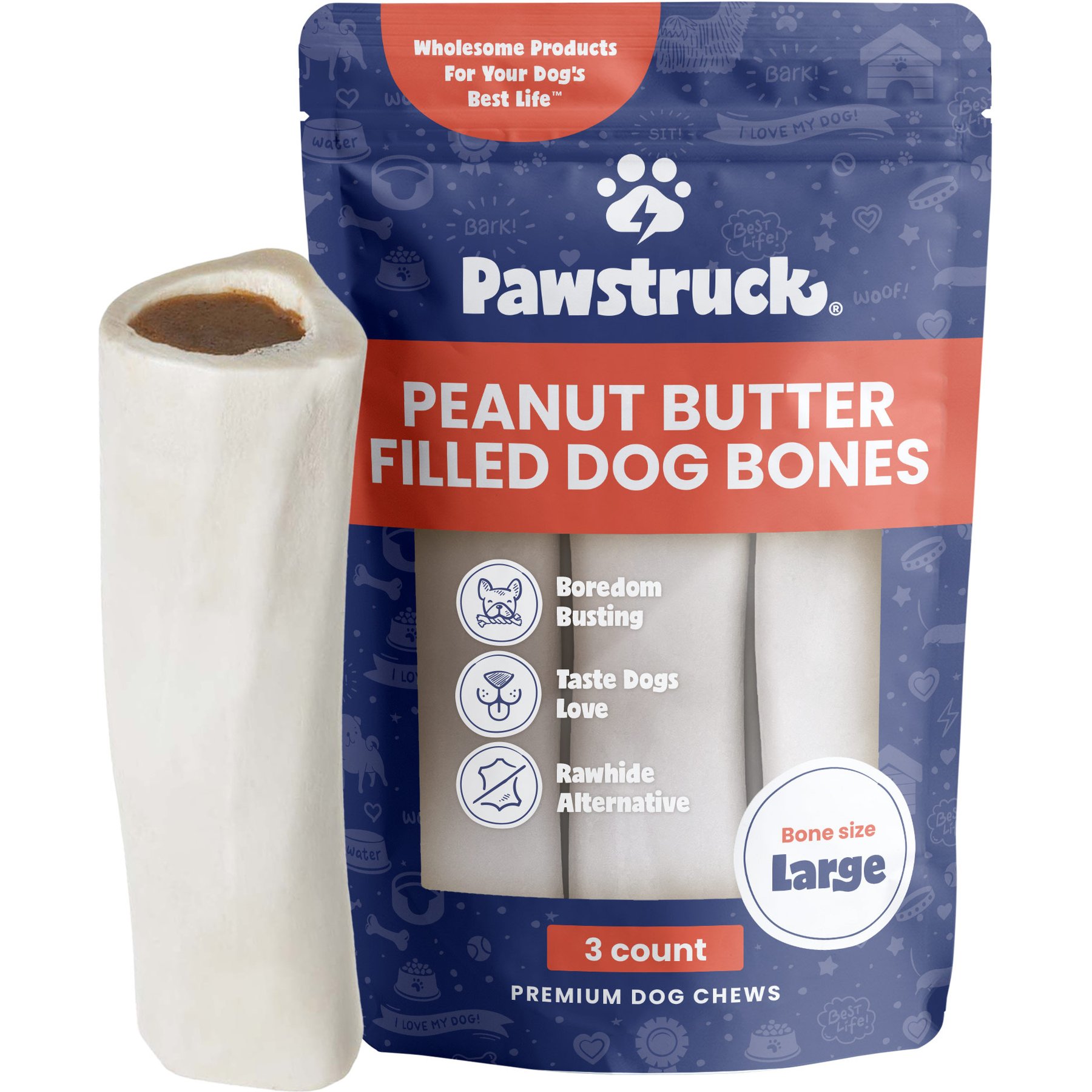Pawstruck Peanut Butter Flavor Filled Dog Bones, Large, 3 count