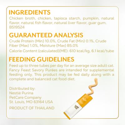 Show full view: Fancy Feast Savory Puree Naturals with Chicken & Pumpkin in a Demi-Glace Squeezable Tube Lickable Cat Treats, 1.4-oz carton, 4 count slide 7 of 10