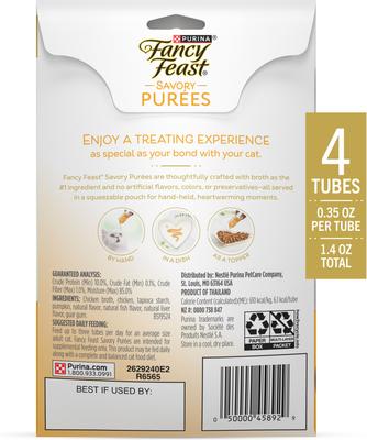 Show full view: Fancy Feast Savory Puree Naturals with Chicken & Pumpkin in a Demi-Glace Squeezable Tube Lickable Cat Treats, 1.4-oz carton, 4 count slide 3 of 10