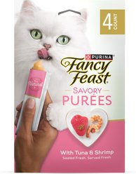 Fancy Feast Savory Puree Naturals with Tuna & Shrimp in a Demi-Glace Squeezable Tube Lickable Cat Treats, 1.4-oz carton, 4 count