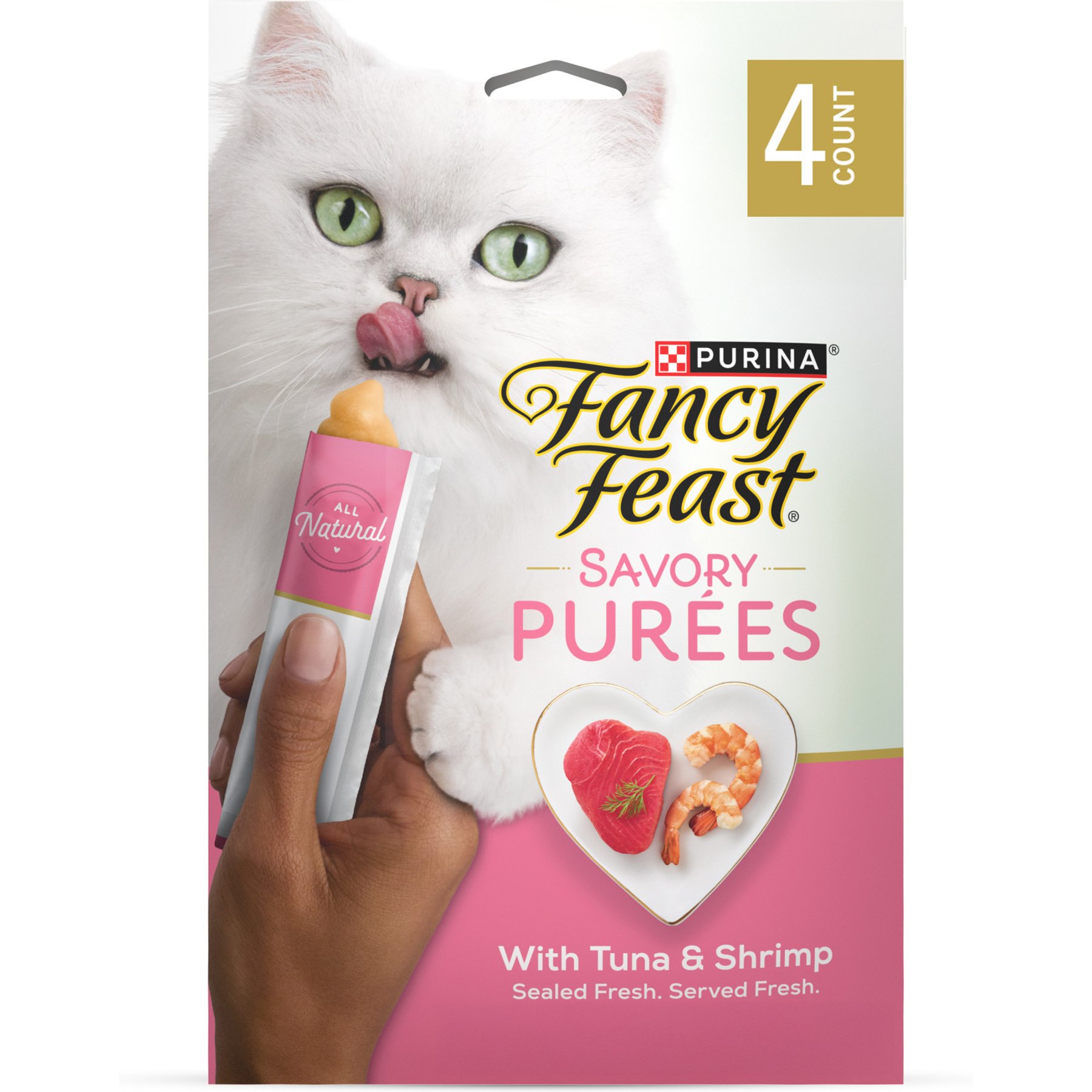 Fancy Feast Savory Puree Naturals with Tuna & Shrimp in a Demi-Glace Squeezable Tube Lickable Cat Treats, 1.4-oz carton, 4 count
