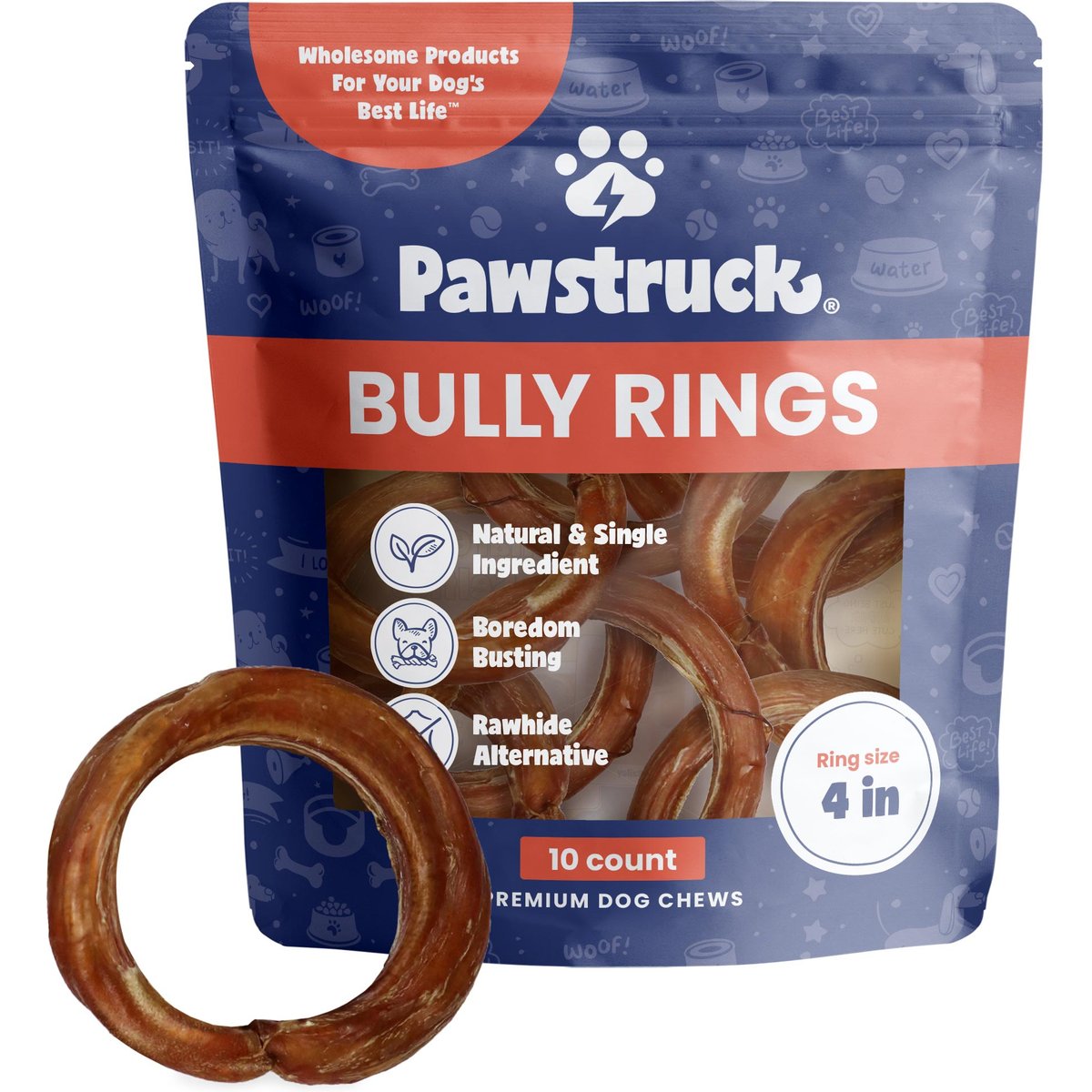 Pawstruck Natural 4-in Bully Stick Rings Dog Chew Treats, 10 count