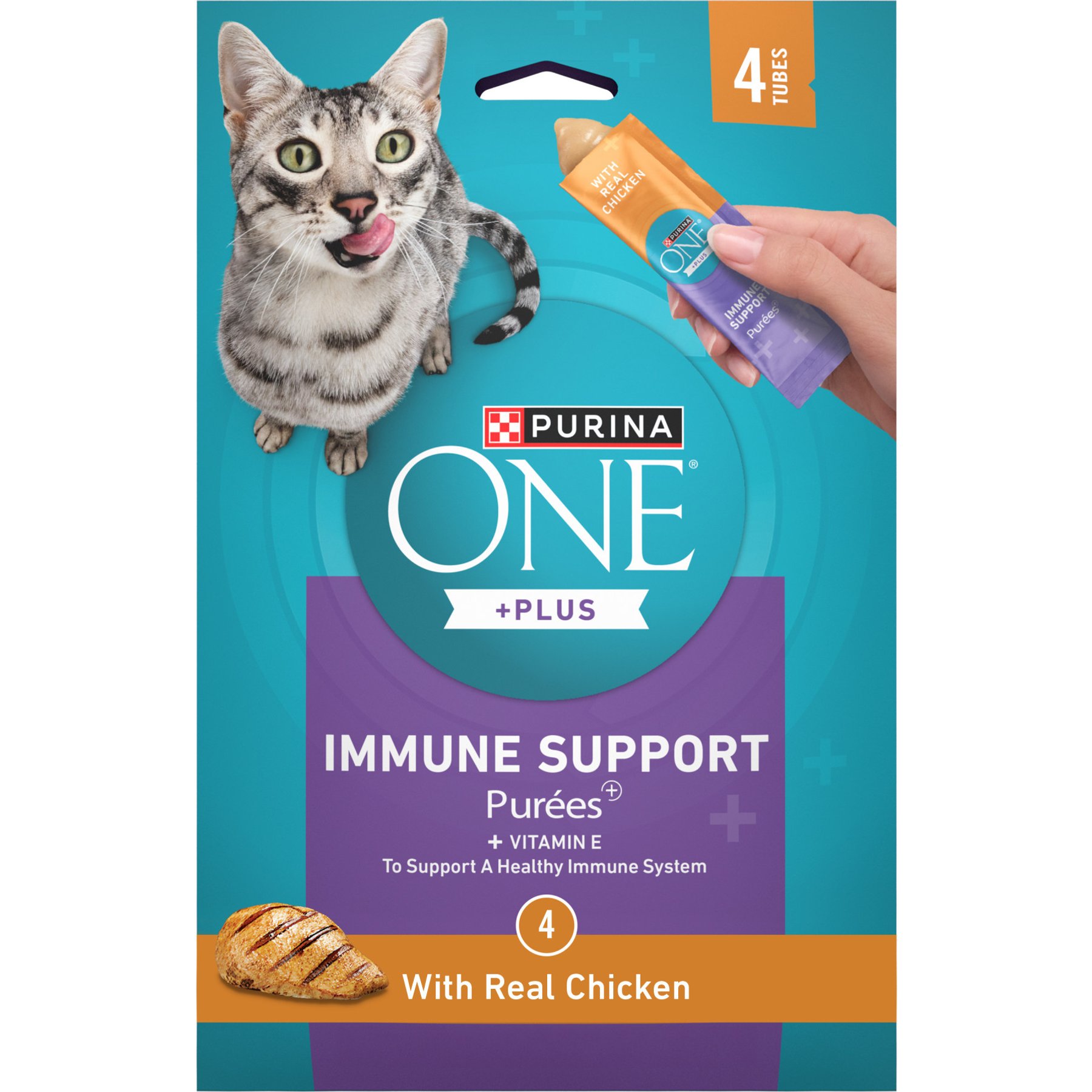 Purina ONE Immune Support Chicken Puree Indoor Lickable Cat Treats, 1.4-oz sleeve, 4 count