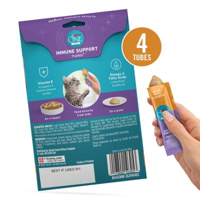 Show full view: Purina ONE Immune Support Chicken Puree Indoor Lickable Cat Treats, 1.4-oz sleeve, 4 count slide 3 of 10