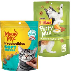 Meow Mix Irresistibles Soft Salmon + Friskies Party Mix Morning Munch Crunch Flavor Crunchy Cat Treats