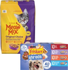 Meow Mix Original Choice Dry Food + Friskies Shreds in Gravy Variety Pack Canned Cat Food