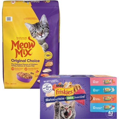 Meow Mix Meow Mix Original Choice Dry Food + Purina Friskies Seafood & Chicken Pate Favorites Variety Pack Wet Cat Food