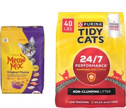 Tidy Cats 24/7 Performance Scented Non-Clumping Clay Litter + Meow Mix Original Choice Dry Cat Food