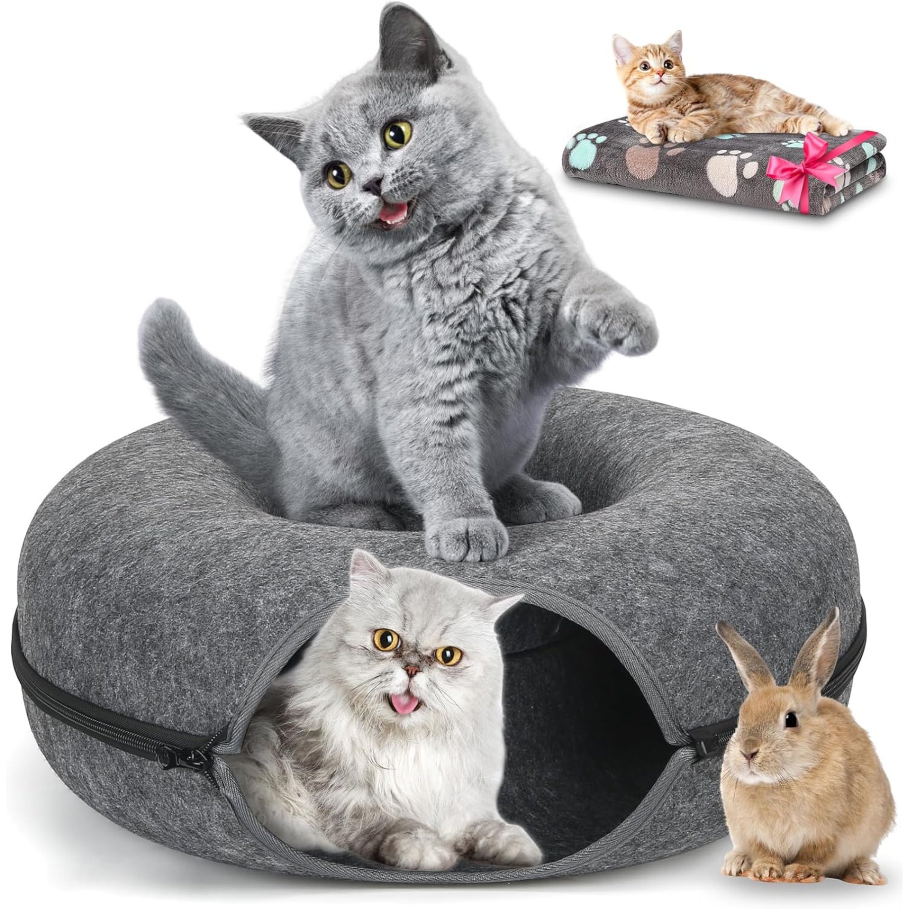 HOMAGICO Indoor Peekaboo Donut Tunnel Bed Cat Plush Toy, Dark Grey, Large