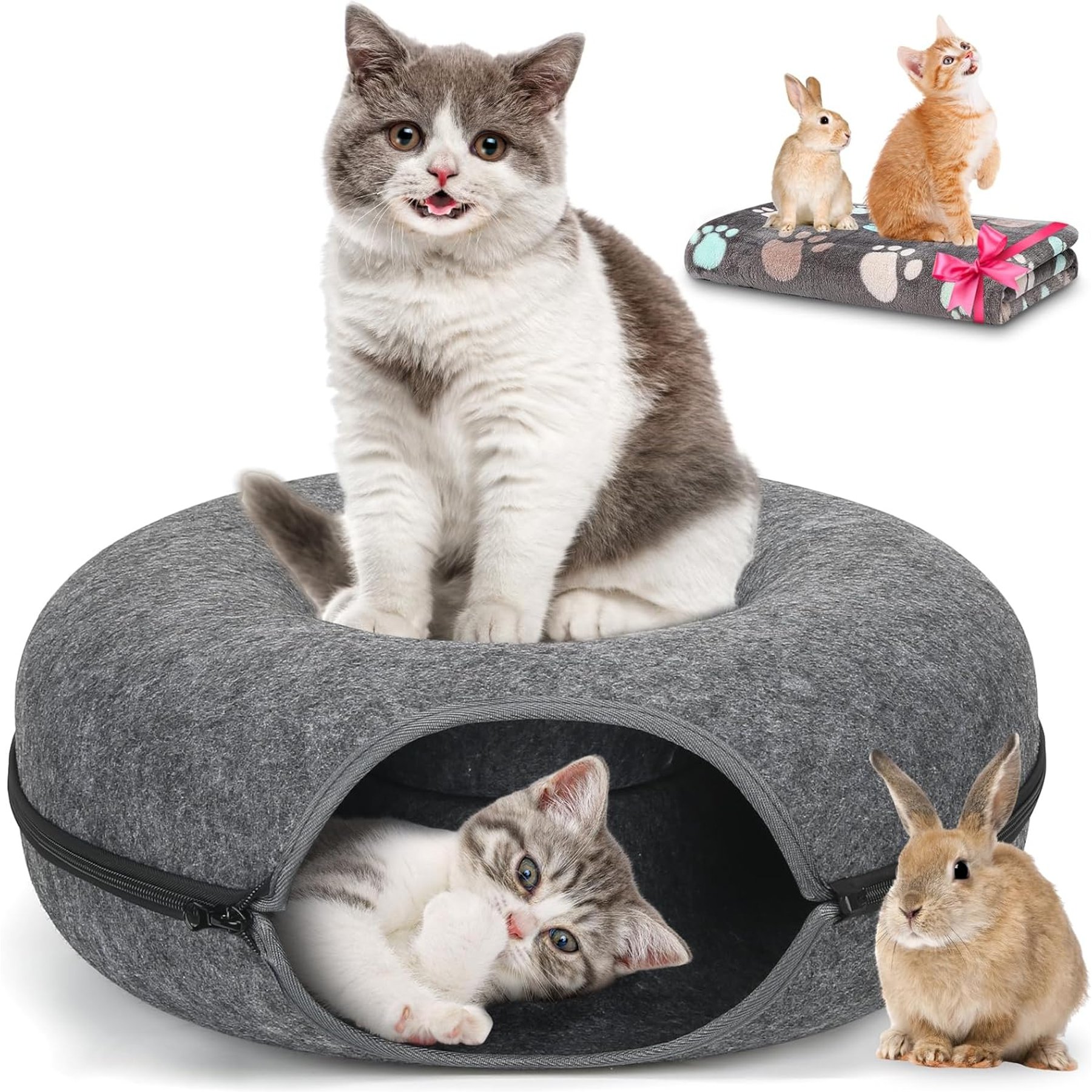 HOMAGICO Indoor Peekaboo Donut Tunnel Bed Cat Plush Toy, Dark Grey, Medium