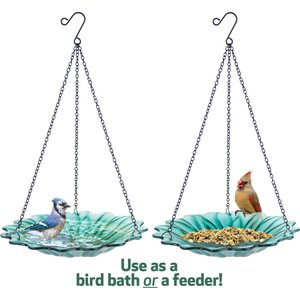 EcoCycle Recycled Glass Hanging Combination Songbird Feeder & Bath, 11-in, 0.625 quartz, Turquoise Dahlia