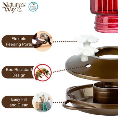 Show full view: Natures Way Bird Products Antique Crimson Carnation Nectar Hummingbird Gravity Feeder, Red, 22-oz slide 4 of 8