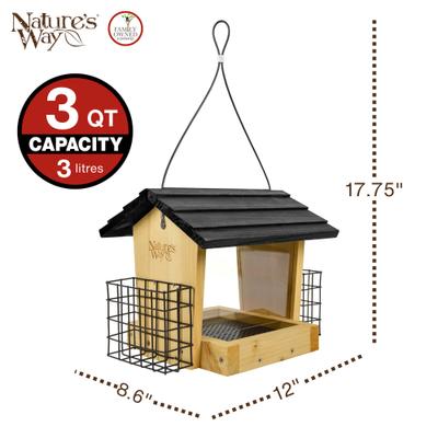 Show full view: Natures Way Bird Products Wood Roof Cedar 3QT Hopper with Suet Wild Bird Feeder, Brown, 4.2-lb slide 2 of 6