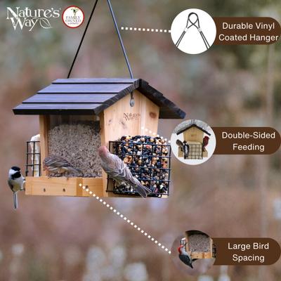 Show full view: Natures Way Bird Products Wood Roof Cedar 3QT Hopper with Suet Wild Bird Feeder, Brown, 4.2-lb slide 3 of 6