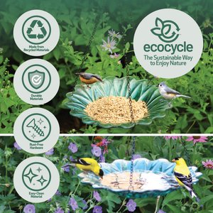 EcoCycle Recycled Glass Hanging Combination Songbird Feeder & Bath, 11-in, 0.625 quartz, Turquoise Dahlia