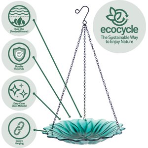 EcoCycle Recycled Glass Hanging Combination Songbird Feeder & Bath, 11-in, 0.625 quartz, Turquoise Dahlia
