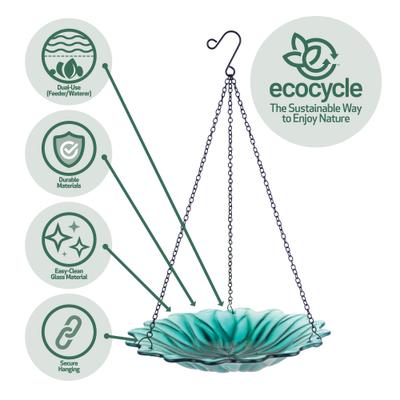 Show full view: EcoCycle Recycled Glass Hanging Combination Songbird Feeder & Bath, 11-in, 0.625 quartz, Turquoise Dahlia slide 4 of 9