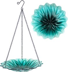 EcoCycle Recycled Glass Hanging Combination Songbird Feeder & Bath, 11-in, 0.625 quartz, Turquoise Dahlia