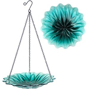EcoCycle Recycled Glass Hanging Combination Songbird Feeder & Bath, 11-in, 0.625 quartz, Turquoise Dahlia