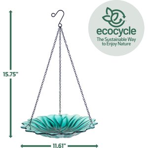EcoCycle Recycled Glass Hanging Combination Songbird Feeder & Bath, 11-in, 0.625 quartz, Turquoise Dahlia