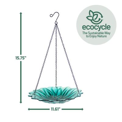 Show full view: EcoCycle Recycled Glass Hanging Combination Songbird Feeder & Bath, 11-in, 0.625 quartz, Turquoise Dahlia slide 2 of 9