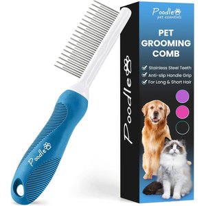 dog comb spinning Poodle with Rotating Teeth - 5-in-1 Dematting Tool - Used for Small Size Breeds and Puppies Purpose Rotating Pin Comb is designed with rounded metal pins that effectively glide through tangles and mats and remove loose hair without pulling or irritating skin Untangler Dual-Spaced Pet Comb-Rotating Pins