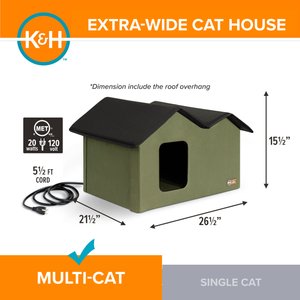 K&H Pet Products Outdoor Heated Kitty House Extra-Wide Cat Shelter, Olive/Black