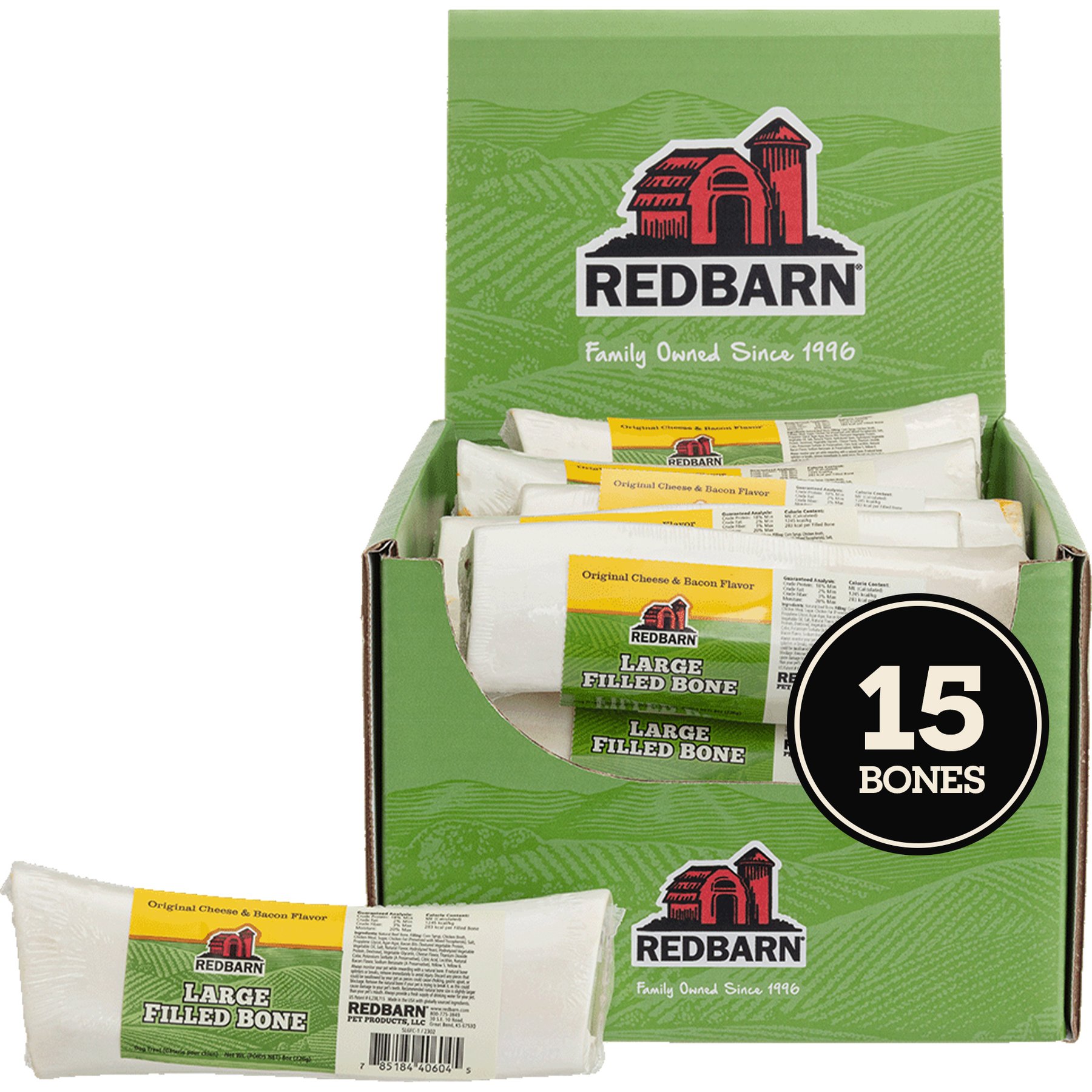 Redbarn Large Cheese n' Bacon Filled Bones Dog Treats, 6", case of 15