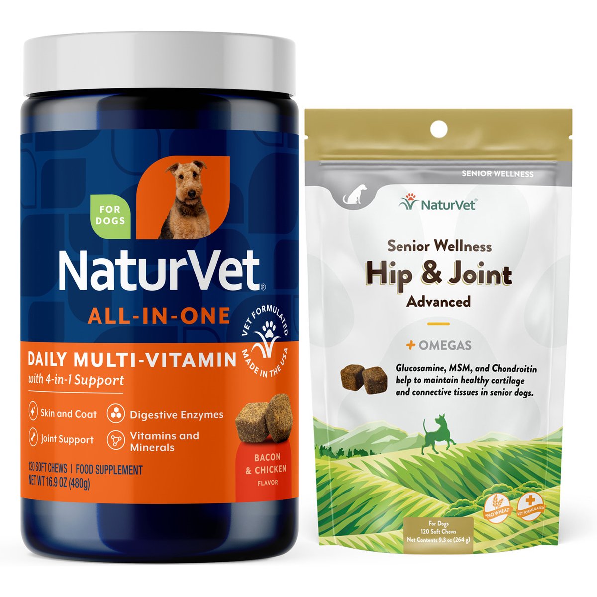 NaturVet All-In-One Support Soft Chews Dog Supplement, 120 count + NaturVet Senior Care Hip & Joint Advanced Formula Dog Soft Chews, 120 count