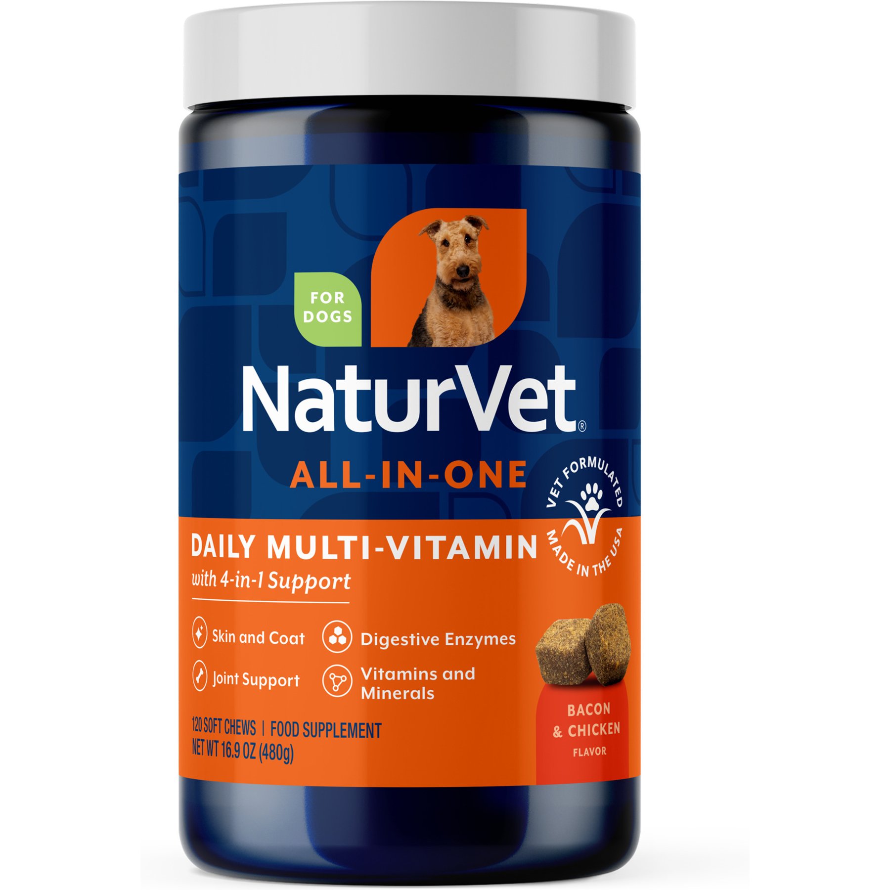NaturVet Daily Multi-Vitamin All-In-One Bacon & Chicken Flavored Supplement for Dogs, 120 count