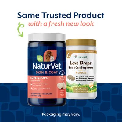 Show full view: NaturVet Love Drops Plus Omegas Peanut Butter Flavored Chewable Tablets Skin & Coat Supplement for Cats & Dogs, 200 count slide 4 of 13