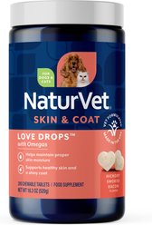 NaturVet Love Drops Plus Omegas Peanut Butter Flavored Chewable Tablets Skin & Coat Supplement for Cats & Dogs, 200 count