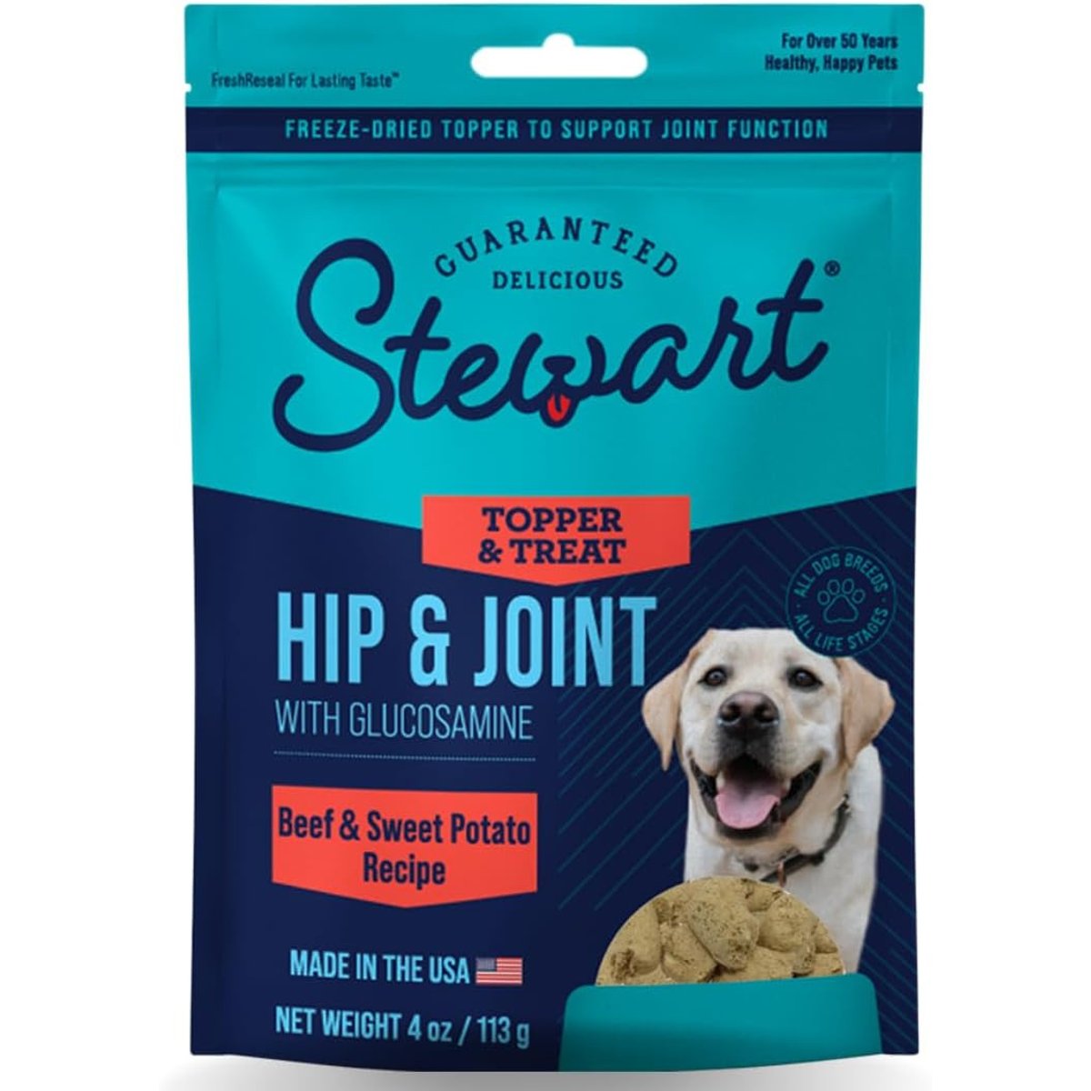 Stewart Hip & Joint with Glucosamine, Beef & Sweet Potato Recipe Limited Ingredient Freeze-Dried Dog Treats & Topper, 4-oz bag