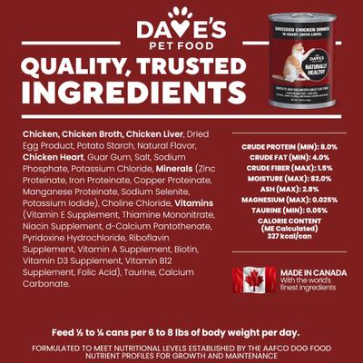 Show full view: Dave's Pet Food Naturally Healthy Grain-Free Shredded Chicken Dinner in Gravy Canned Wet Cat Food, 13.2-oz can, case of 12 slide 6 of 10