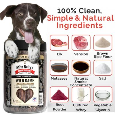 Show full view: Miss Nelly's Canine Gourmet Heart of the Wild Elk & Venison Jerky Dog Treats, 32-oz jar slide 3 of 7