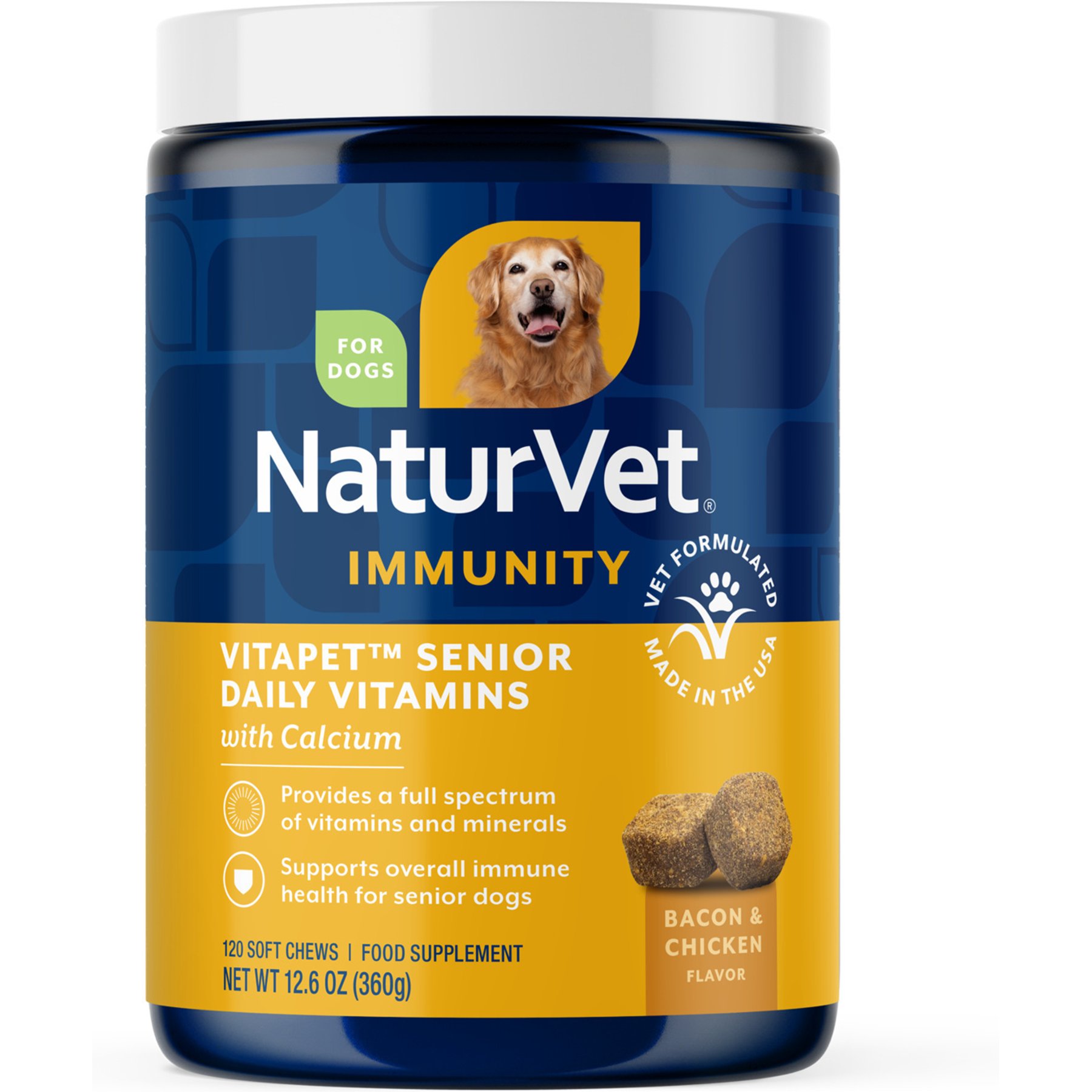 NaturVet VitaPet Senior Daily Vitamin Immunity Bacon & Chicken Flavored Supplement for Dogs, 120 count
