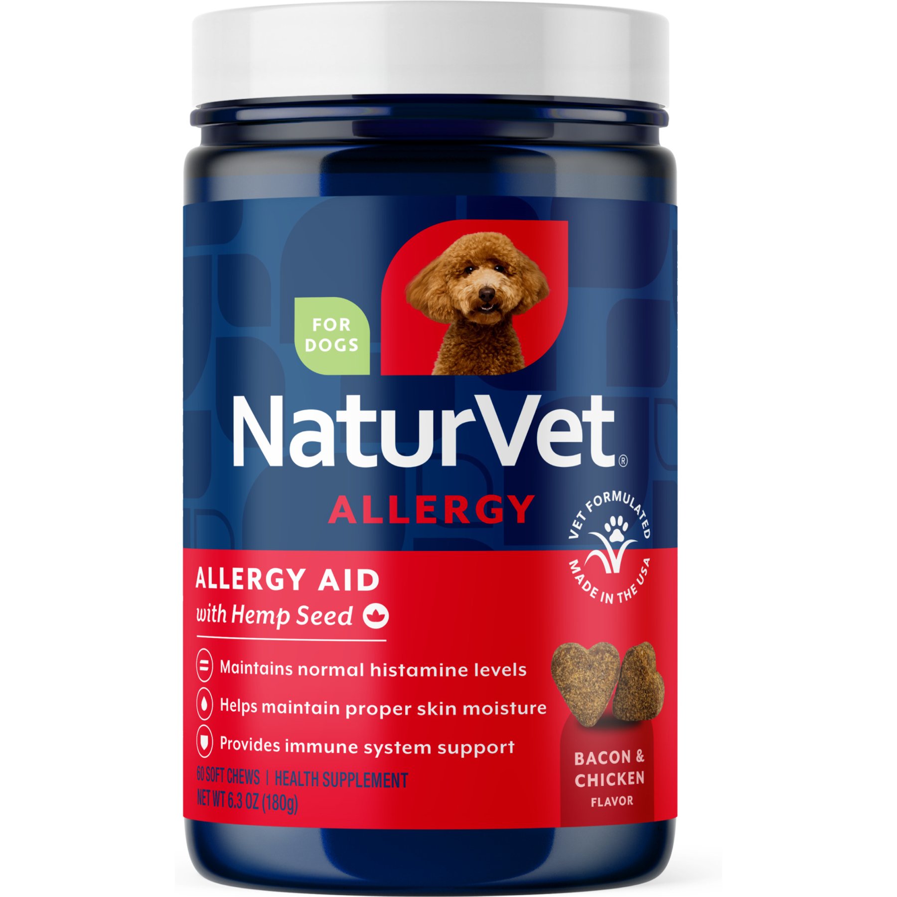 NaturVet Allergy Aid with Hemp Seed Allergy Bacon & Chicken Flavored Supplement for Dogs, 60 count