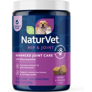 NaturVet Advanced Joint Care Hip & Joint Supplement Bacon & Chicken Soft Chews for Dogs & Cats, 180 count