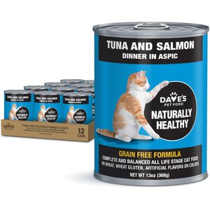 Dave's Pet Food Naturally Healthy, Grain-Free Tuna & Salmon Dinner in Aspic Canned Wet Cat Food, 13-oz, case of 12