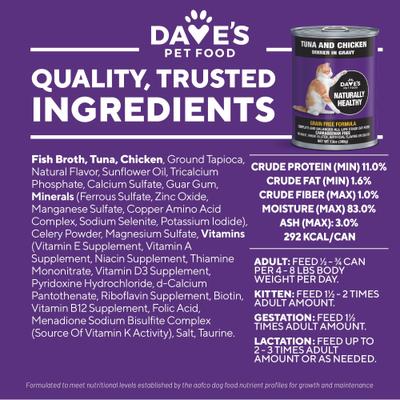 Show full view: Dave's Pet Food Naturally Healthy Tuna & Chicken Dinner in Gravy Grain-Free Wet Cat Food, 13-oz, case of 12 slide 6 of 10