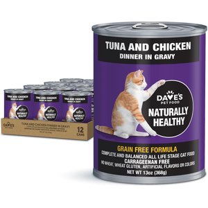 Dave's Pet Food Naturally Healthy Tuna & Chicken Dinner in Gravy Grain-Free Wet Cat Food, 13-oz, case of 12