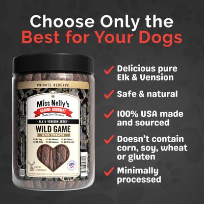 Show full view: Miss Nelly's Canine Gourmet Heart of the Wild Elk & Venison Jerky Dog Treats, 32-oz jar slide 4 of 7