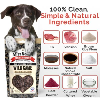 Show full view: Miss Nelly's Canine Gourmet Heart of the Wild Elk & Venison Jerky Dog Treats, 12-oz pouch slide 4 of 8