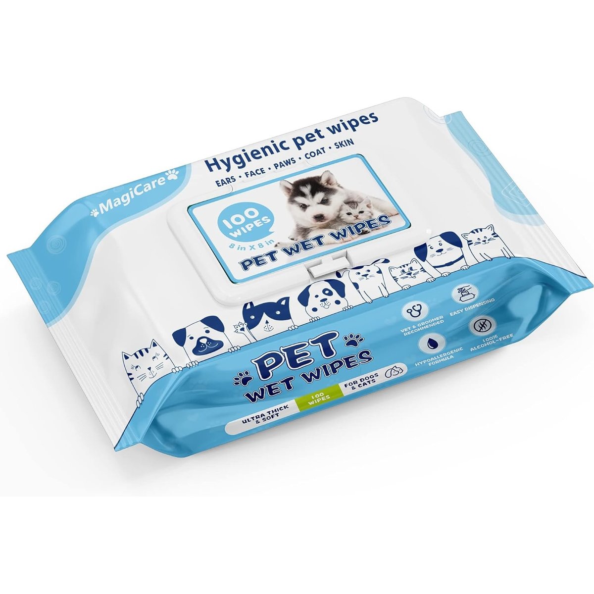 Magicare 8 x 8-in Unscented Ultra Thick & Soft with Hypoallergenic Formula Dog Wipes, White, 100 count